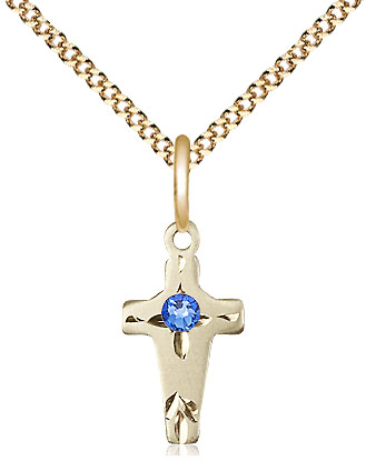 14kt Gold Filled Cross Pendant with a 3mm Sapphire Swarovski stone on a 18 inch Gold Plate Light Curb chain