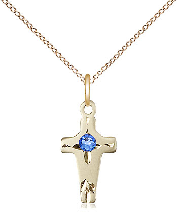 14kt Gold Filled Cross Pendant with a 3mm Sapphire Swarovski stone on a 18 inch Gold Filled Light Curb chain