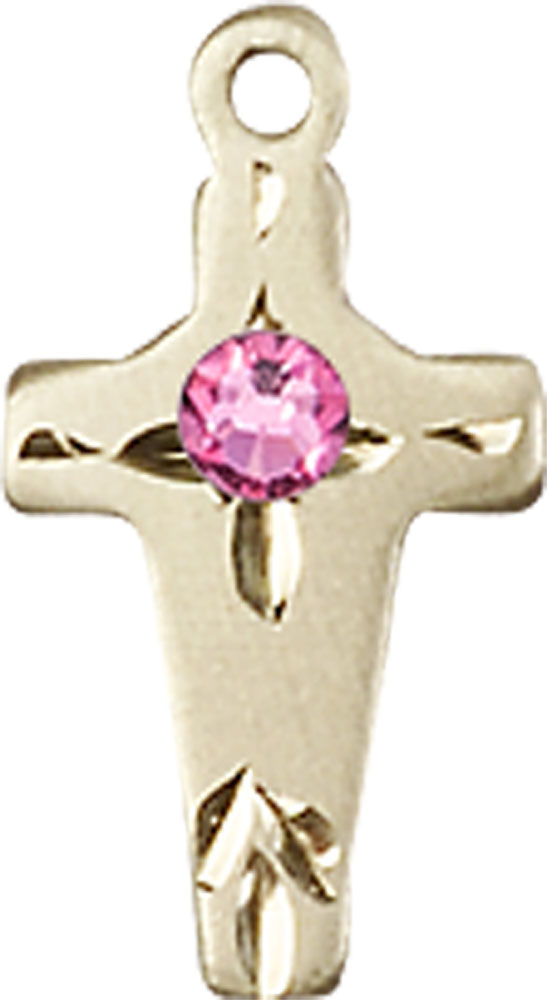 14kt Gold Cross Medal with a 3mm Rose Swarovski stone