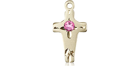 14kt Gold Cross Medal with a 3mm Rose Swarovski stone