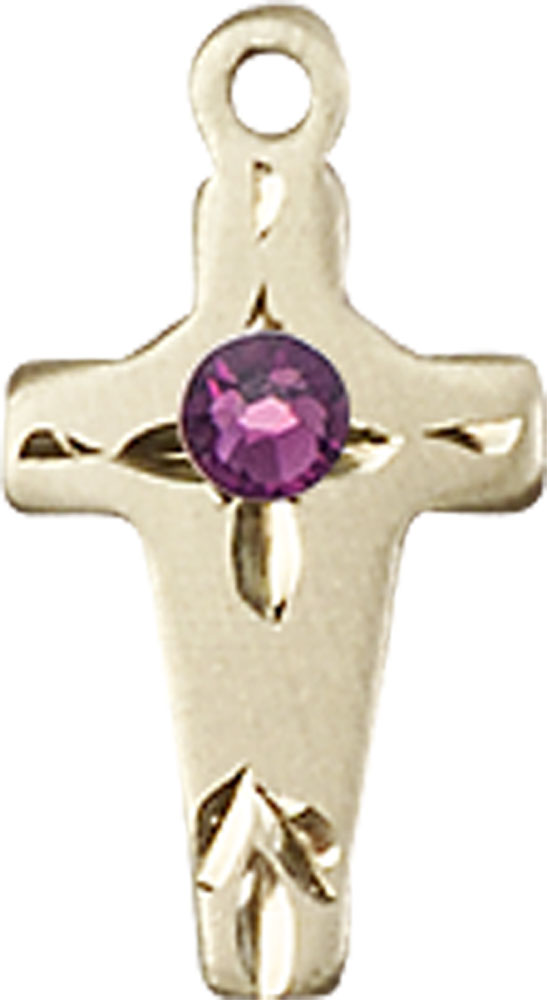 14kt Gold Cross Medal with a 3mm Amethyst Swarovski stone