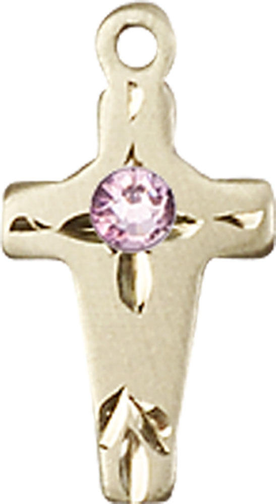 14kt Gold Cross Medal with a 3mm Light Amethyst Swarovski stone