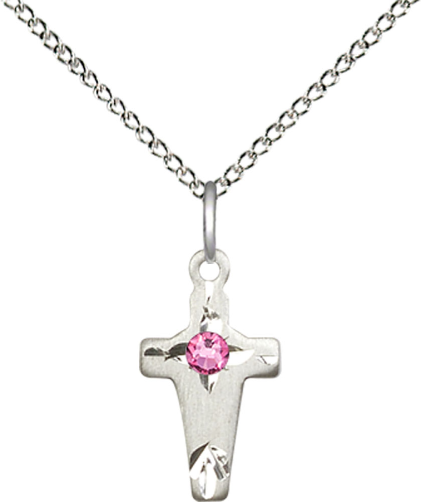 Sterling Silver Cross Pendant with a 3mm Rose Swarovski stone on a 18 inch Sterling Silver Light Curb chain