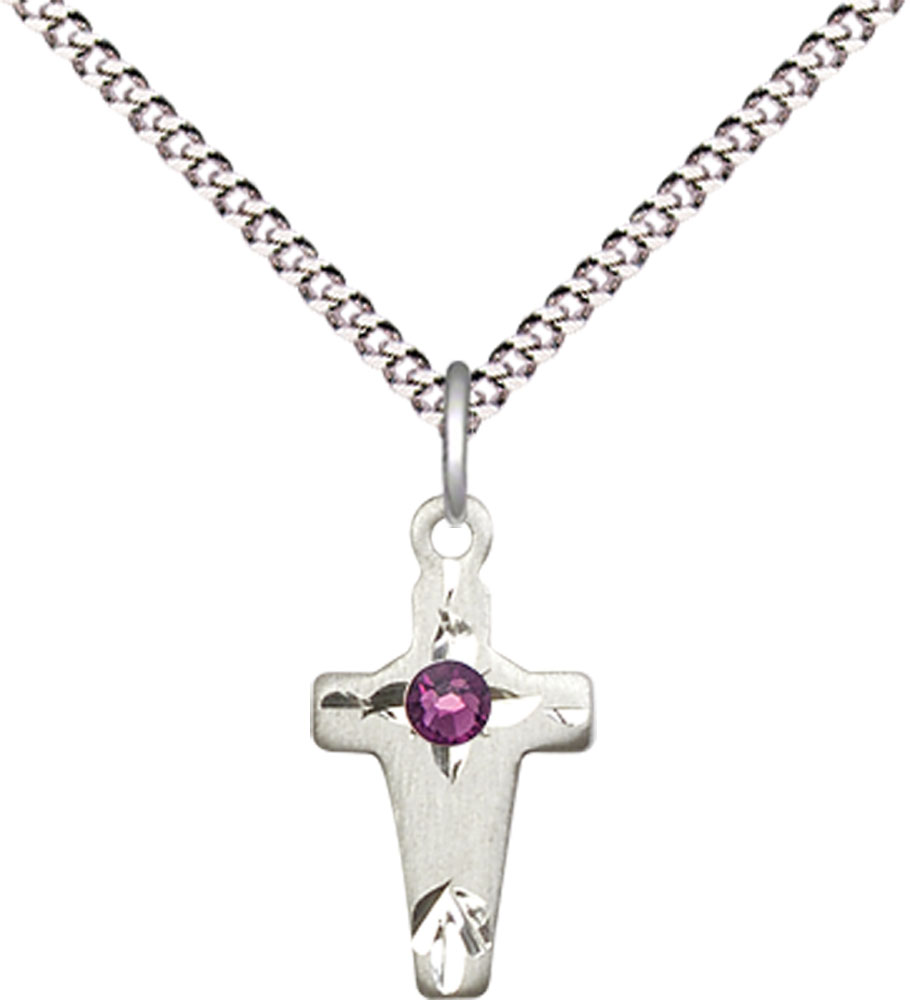 Sterling Silver Cross Pendant with a 3mm Amethyst Swarovski stone on a 18 inch Light Rhodium Light Curb chain