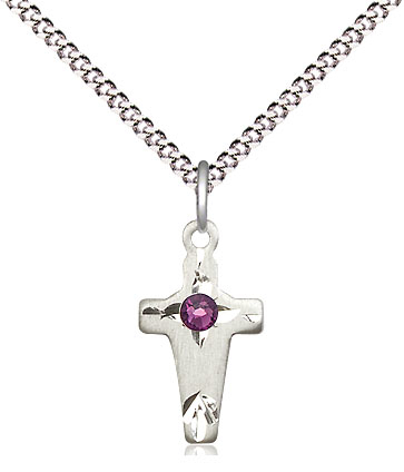 Sterling Silver Cross Pendant with a 3mm Amethyst Swarovski stone on a 18 inch Light Rhodium Light Curb chain