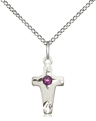 Sterling Silver Cross Pendant with a 3mm Amethyst Swarovski stone on a 18 inch Sterling Silver Light Curb chain