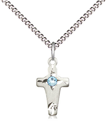 Sterling Silver Cross Pendant with a 3mm Aqua Swarovski stone on a 18 inch Light Rhodium Light Curb chain