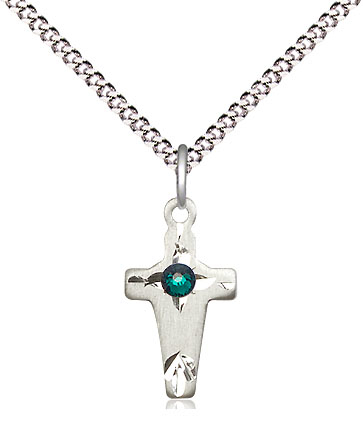 Sterling Silver Cross Pendant with a 3mm Emerald Swarovski stone on a 18 inch Light Rhodium Light Curb chain