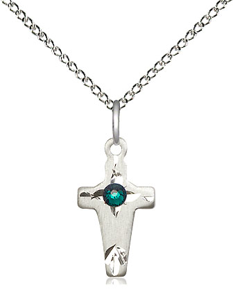 Sterling Silver Cross Pendant with a 3mm Emerald Swarovski stone on a 18 inch Sterling Silver Light Curb chain