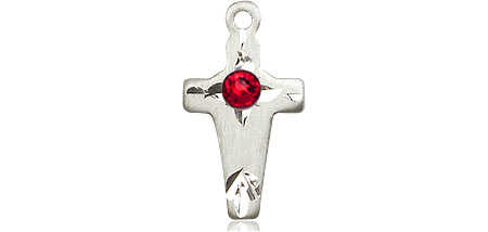 Sterling Silver Cross Medal with a 3mm Ruby Swarovski stone