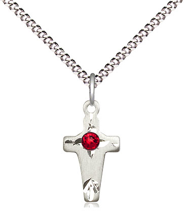 Sterling Silver Cross Pendant with a 3mm Ruby Swarovski stone on a 18 inch Light Rhodium Light Curb chain