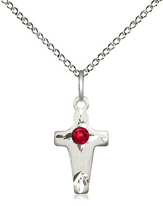 Sterling Silver Cross Pendant with a 3mm Ruby Swarovski stone on a 18 inch Sterling Silver Light Curb chain