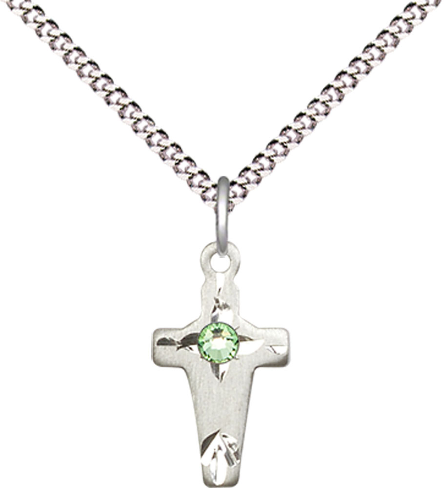 Sterling Silver Cross Pendant with a 3mm Peridot Swarovski stone on a 18 inch Light Rhodium Light Curb chain