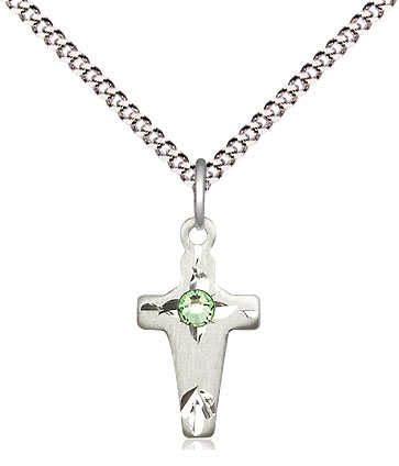 Sterling Silver Cross Pendant with a 3mm Peridot Swarovski stone on a 18 inch Light Rhodium Light Curb chain