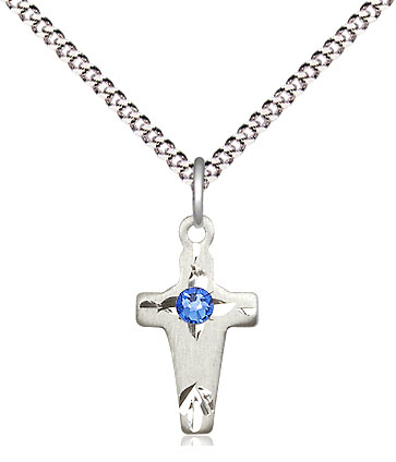 Sterling Silver Cross Pendant with a 3mm Sapphire Swarovski stone on a 18 inch Light Rhodium Light Curb chain