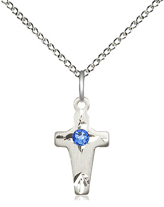 Sterling Silver Cross Pendant with a 3mm Sapphire Swarovski stone on a 18 inch Sterling Silver Light Curb chain