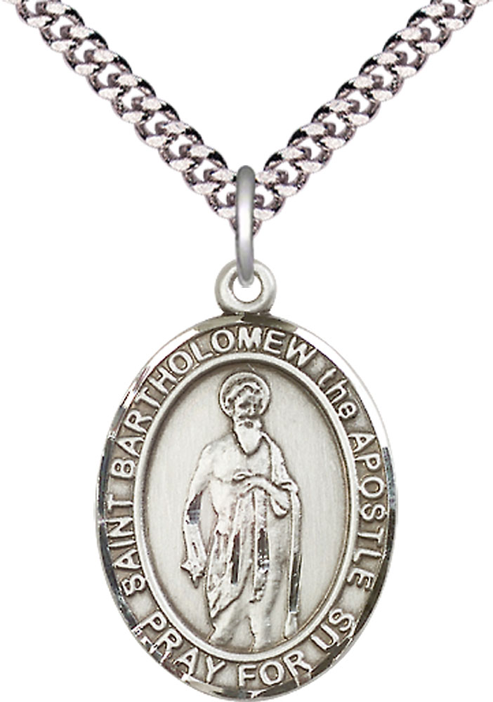Sterling Silver Saint Bartholomew the Apostle Pendant on a 24 inch Light Rhodium Heavy Curb chain
