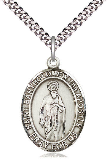 Sterling Silver Saint Bartholomew the Apostle Pendant on a 24 inch Light Rhodium Heavy Curb chain