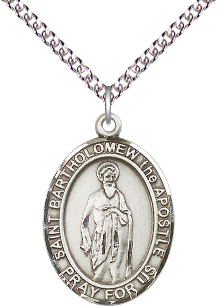 Sterling Silver Saint Bartholomew the Apostle Pendant on a 24 inch Sterling Silver Heavy Curb chain