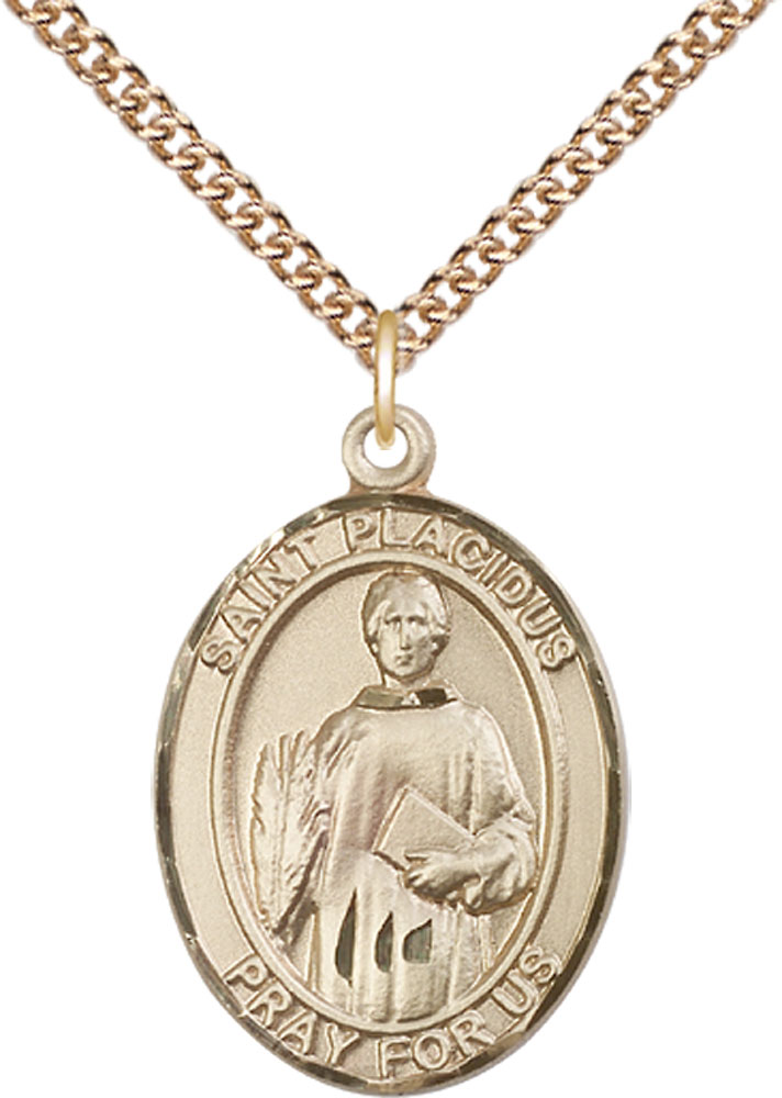 14kt Gold Filled Saint Placidus Pendant on a 24 inch Gold Filled Heavy Curb chain
