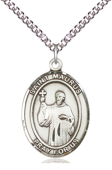 Sterling Silver Saint Maurus Pendant on a 24 inch Sterling Silver Heavy Curb chain