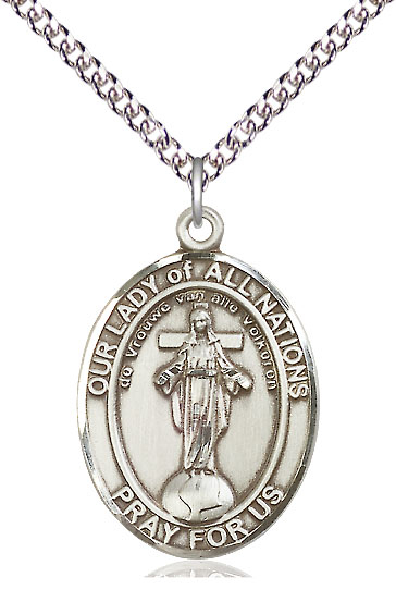 Sterling Silver Our Lady of All Nations Pendant on a 24 inch Sterling Silver Heavy Curb chain