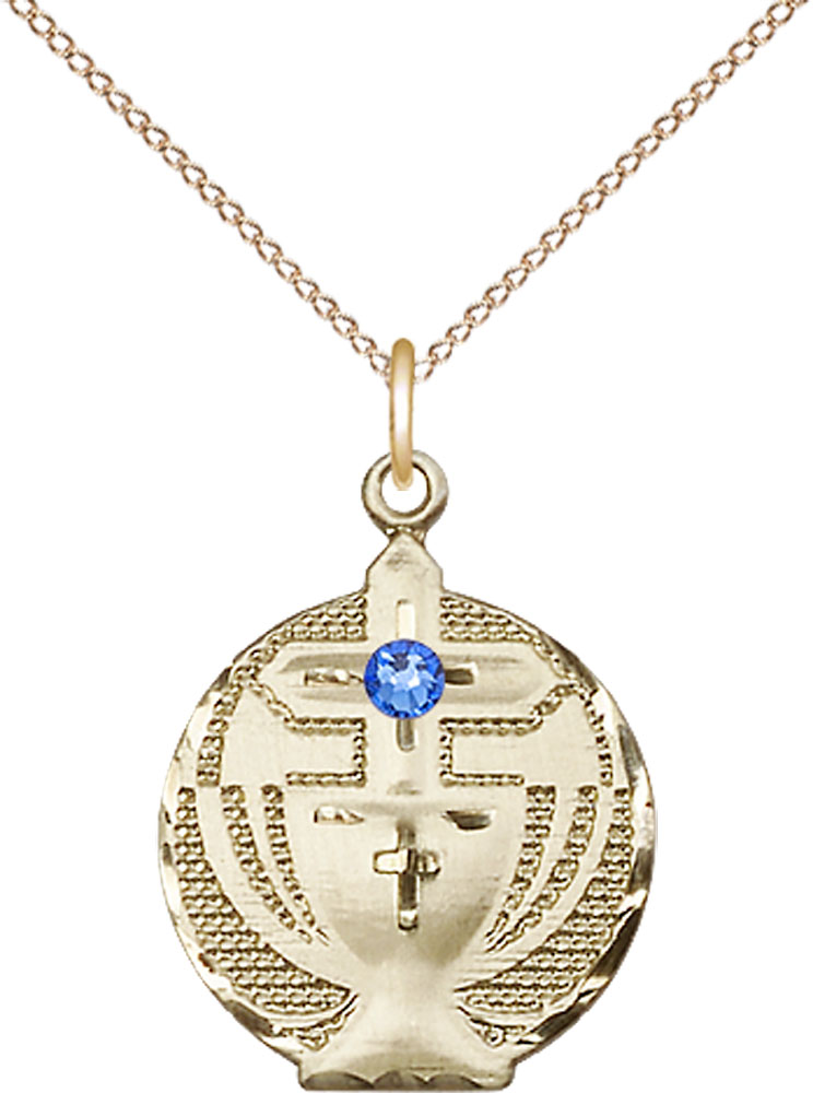 14kt Gold Filled Communion Pendant with a 3mm Sapphire Swarovski stone on a 18 inch Gold Filled Light Curb chain