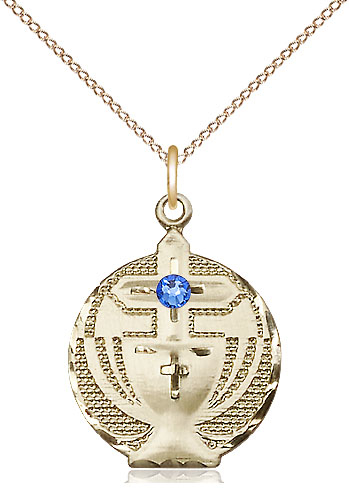 14kt Gold Filled Communion Pendant with a 3mm Sapphire Swarovski stone on a 18 inch Gold Filled Light Curb chain
