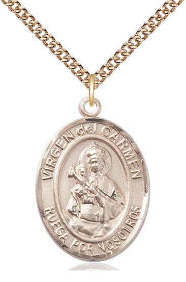 14kt Gold Filled Virgen del Carmen Pendant on a 24 inch Gold Filled Heavy Curb chain