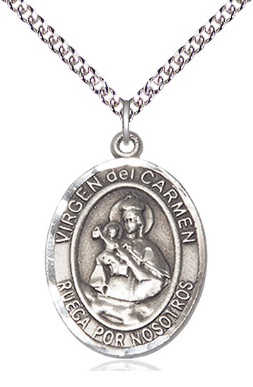 Sterling Silver Virgen del Carmen Pendant on a 24 inch Sterling Silver Heavy Curb chain