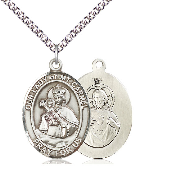 Sterling Silver Our Lady of Mount Carmel Pendant on a 24 inch Sterling Silver Heavy Curb chain