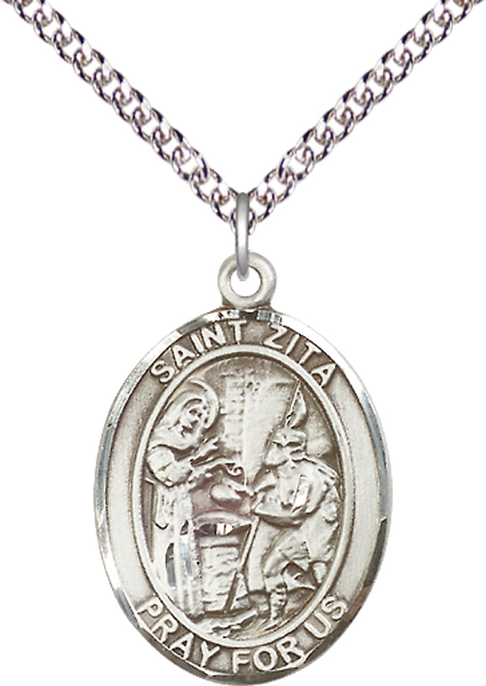 Sterling Silver Saint Zita Pendant on a 24 inch Sterling Silver Heavy Curb chain