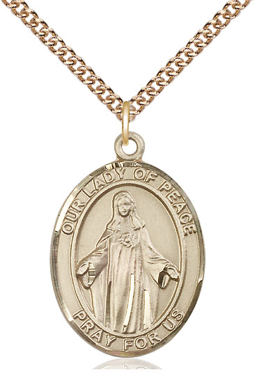 14kt Gold Filled Our Lady of Peace Pendant on a 24 inch Gold Filled Heavy Curb chain