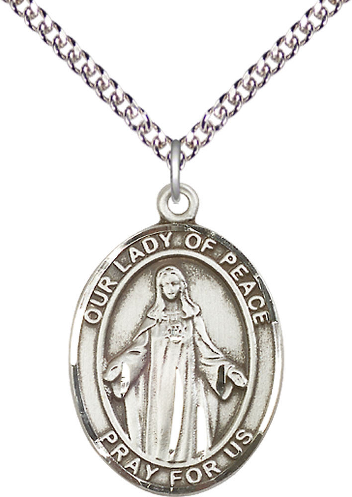 Sterling Silver Our Lady of Peace Pendant on a 24 inch Sterling Silver Heavy Curb chain