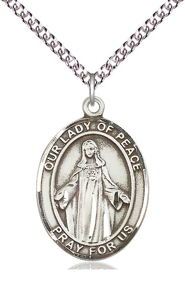 Sterling Silver Our Lady of Peace Pendant on a 24 inch Sterling Silver Heavy Curb chain