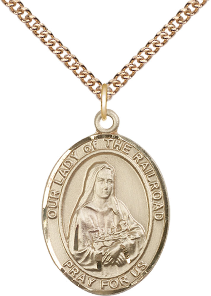 14kt Gold Filled Our Lady of the Railroad Pendant on a 24 inch Gold Filled Heavy Curb chain