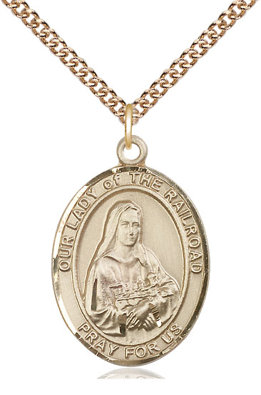 14kt Gold Filled Our Lady of the Railroad Pendant on a 24 inch Gold Filled Heavy Curb chain