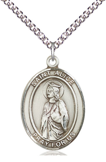 Sterling Silver Saint Alice Pendant on a 24 inch Sterling Silver Heavy Curb chain