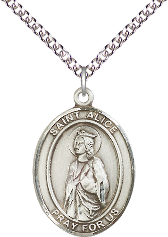Sterling Silver Saint Alice Pendant on a 24 inch Sterling Silver Heavy Curb chain