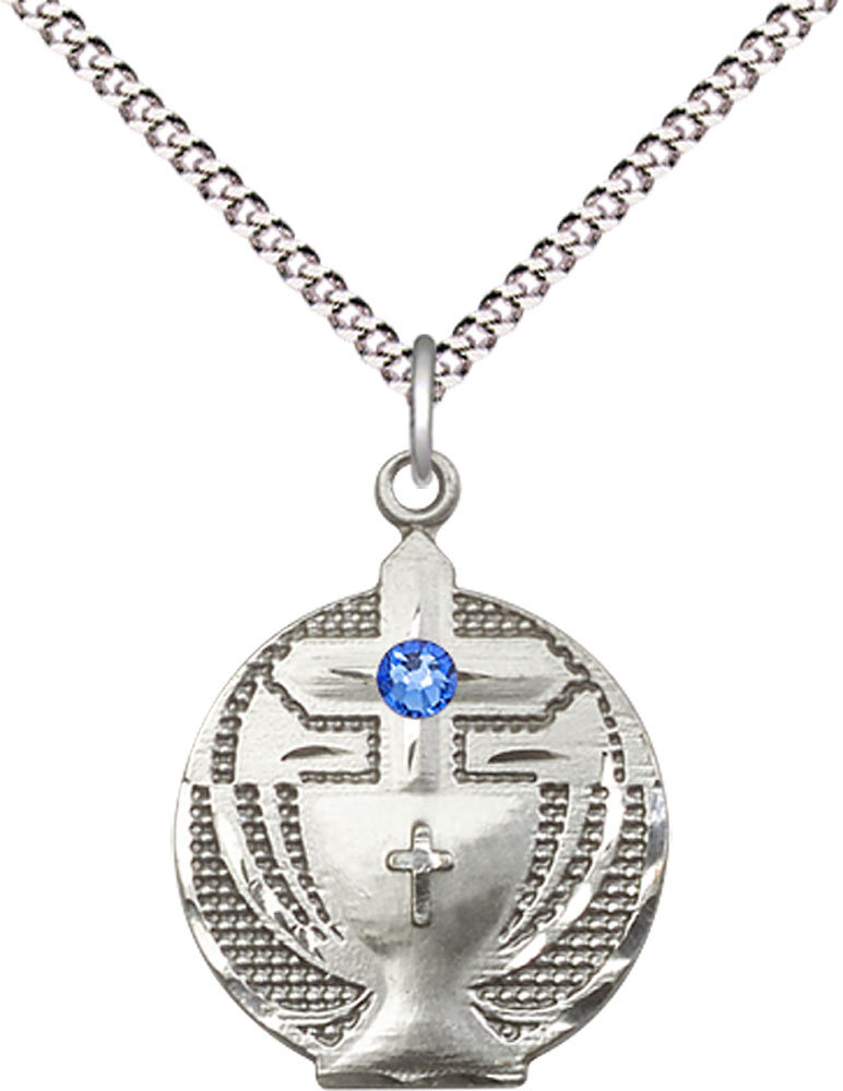 Sterling Silver Communion Pendant with a 3mm Sapphire Swarovski stone on a 18 inch Light Rhodium Light Curb chain