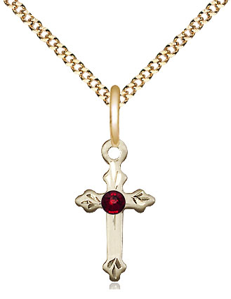 14kt Gold Filled Cross Pendant with a 3mm Garnet Swarovski stone on a 18 inch Gold Plate Light Curb chain