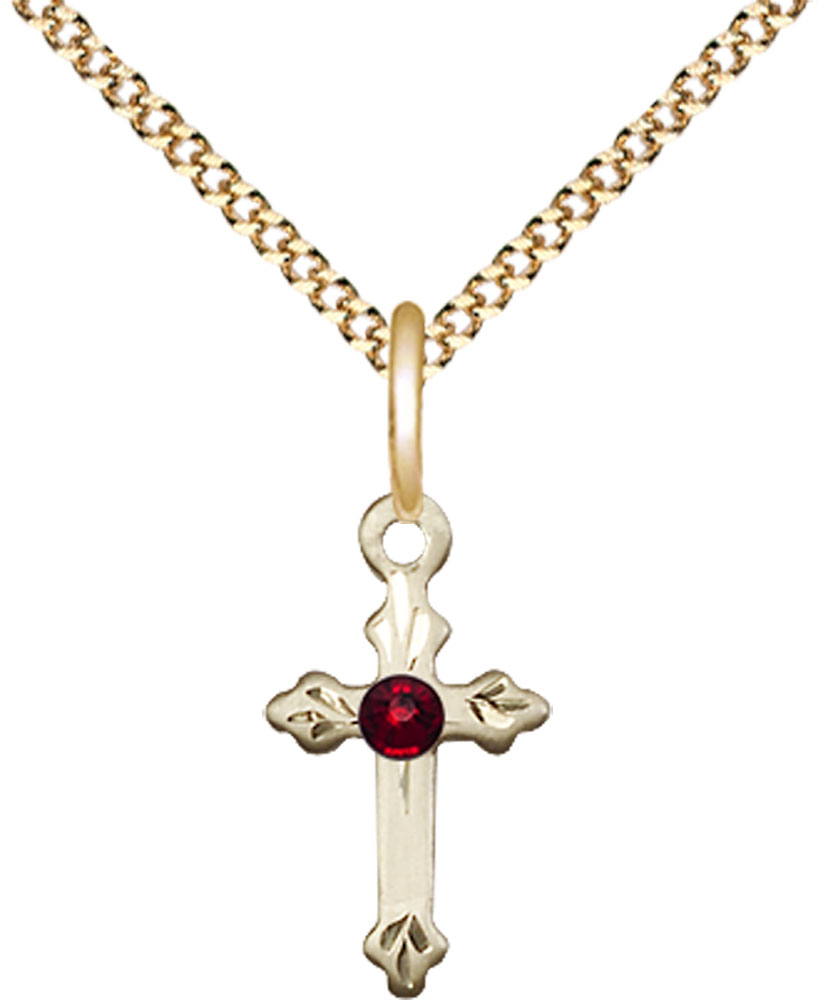 14kt Gold Filled Cross Pendant with a 3mm Garnet Swarovski stone on a 18 inch Gold Plate Light Curb chain