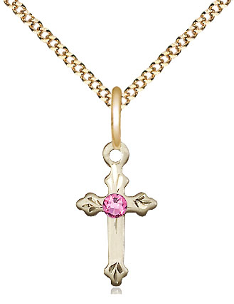 14kt Gold Filled Cross Pendant with a 3mm Rose Swarovski stone on a 18 inch Gold Plate Light Curb chain