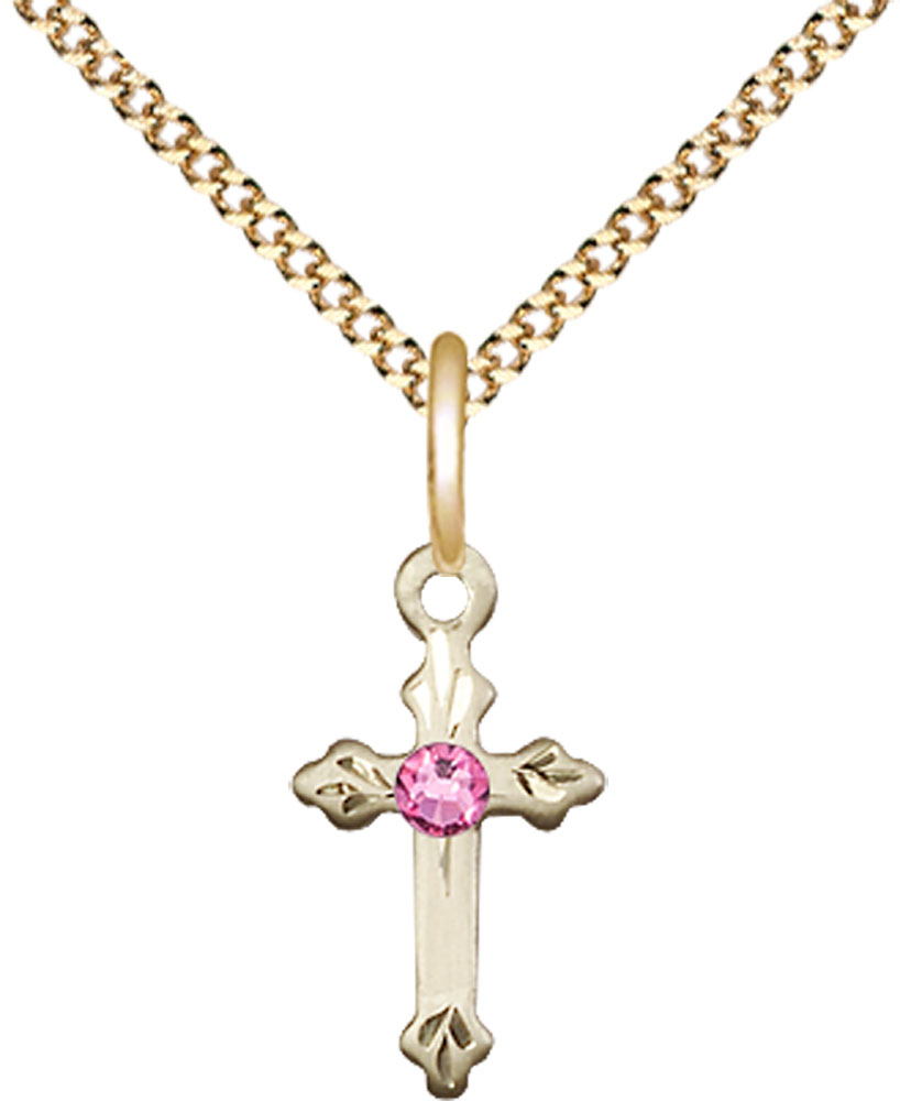 14kt Gold Filled Cross Pendant with a 3mm Rose Swarovski stone on a 18 inch Gold Plate Light Curb chain