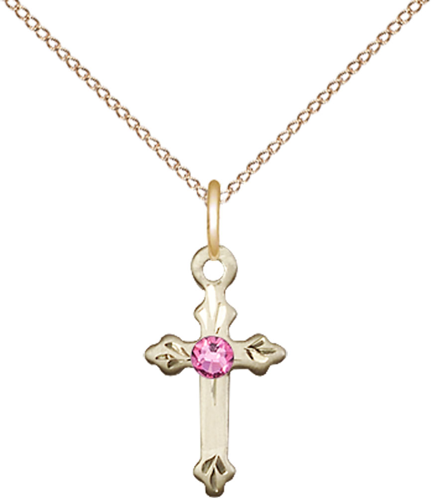 14kt Gold Filled Cross Pendant with a 3mm Rose Swarovski stone on a 18 inch Gold Filled Light Curb chain