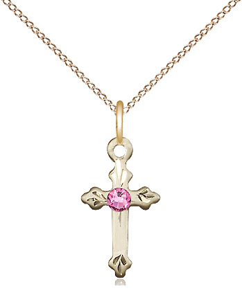 14kt Gold Filled Cross Pendant with a 3mm Rose Swarovski stone on a 18 inch Gold Filled Light Curb chain