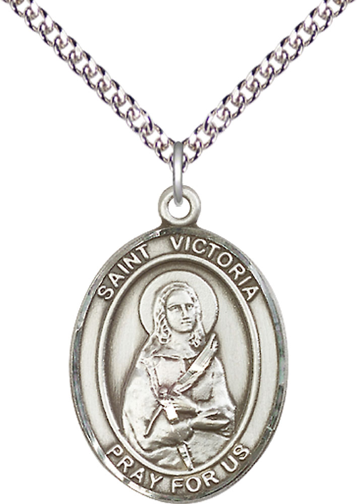 Sterling Silver Saint Victoria Pendant on a 24 inch Sterling Silver Heavy Curb chain