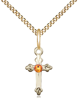 14kt Gold Filled Cross Pendant with a 3mm Topaz Swarovski stone on a 18 inch Gold Plate Light Curb chain