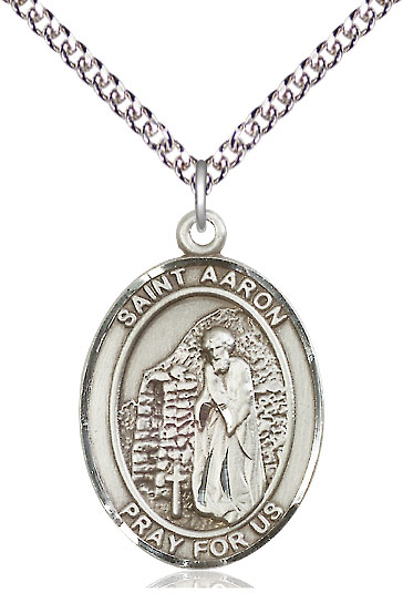 Sterling Silver Saint Aaron Pendant on a 24 inch Sterling Silver Heavy Curb chain