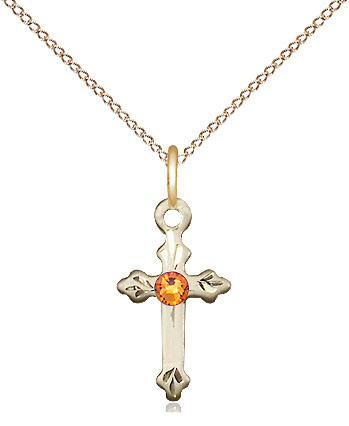 14kt Gold Filled Cross Pendant with a 3mm Topaz Swarovski stone on a 18 inch Gold Filled Light Curb chain